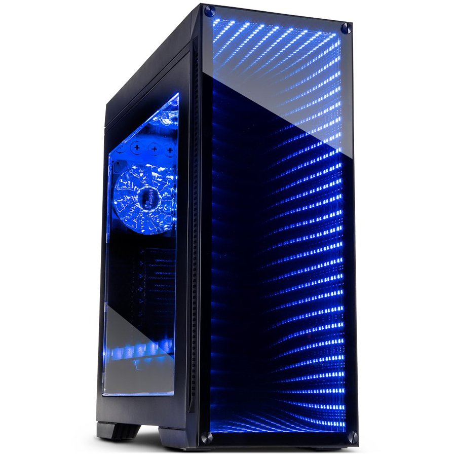 Chassis INTER-TECH M-908 Gaming Midi Tower, eATX, 2xUSB3.0, 2xUSB2.0, audio, PSU optional, Window side panel, Tempered glass front with RGB Infinity-Mirror, 3x 120mm RGB fans, RGB LED strip, Dust filters, Black