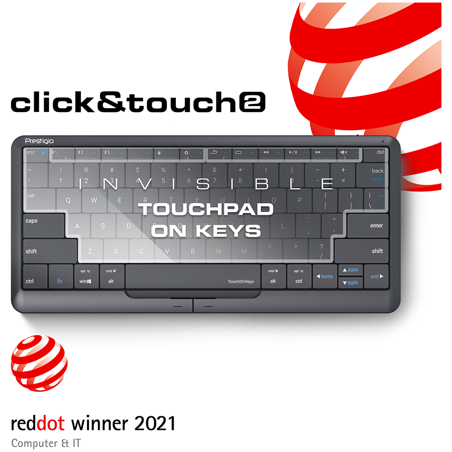 Prestigio Click&Touch 2, wireless multimedia smart keyboard with touchpad embedded into keys, auto-switch between keyboard and touchpad modes, touch multimedia sliders, left and right physical "mouse" buttons, connects up to 5 devices via Bluetooth and Type-C, Clevetura App. KB layout: ENG, color: space grey