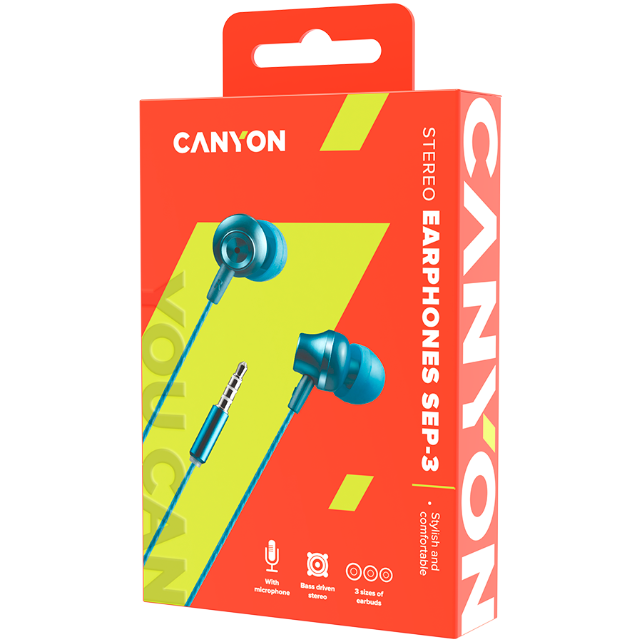 CANYON Stereo earphones with microphone, metallic shell, 1.2M, blue-green - Slika 3