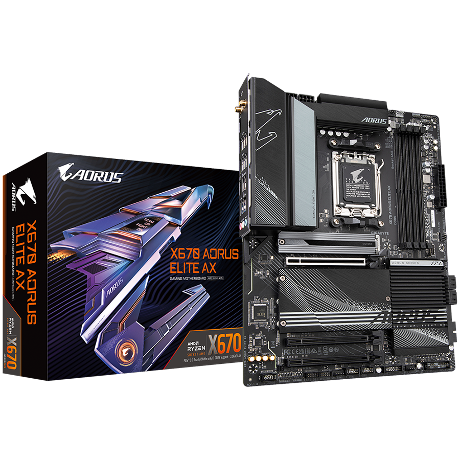 GIGABYTE Mainboard Desktop X670 AORUS ELITE AX (Socket AM5, 4xDDR5 128GB, 1xPCI-E x16x16 4.0, 1xPCI-E x16x4 4.0, 1x PCI-E x16x2 3.0, 4x SATA, 4x M.2, 6xUSB 3.2 Gen1, 2x USB 3.2 Gen2 Type-A, 4xUSB 2.0, 1xUSB Type-C, 1xHDMI 2.0, 2.5GbE LAN, Wi-Fi, ATX)