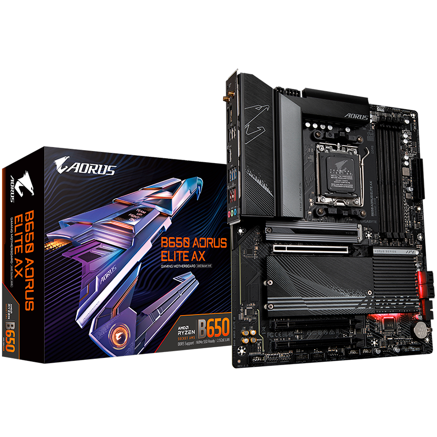 GIGABYTE Mainboard Desktop B650 AORUS ELITE AX 1.0 (AM5, 4xDDR5, DP, HDMI, 2.5GbE LAN, Wi-Fi 6E, BT 5.2, 1xPCI Ex x16 4.0, 2xPCI Ex x16 3.0, 3xM.2, 4xSATAIII, 1xUSB C, 2xUSB3.2 Gen2, 4xUSB2.0/1.1)ATX