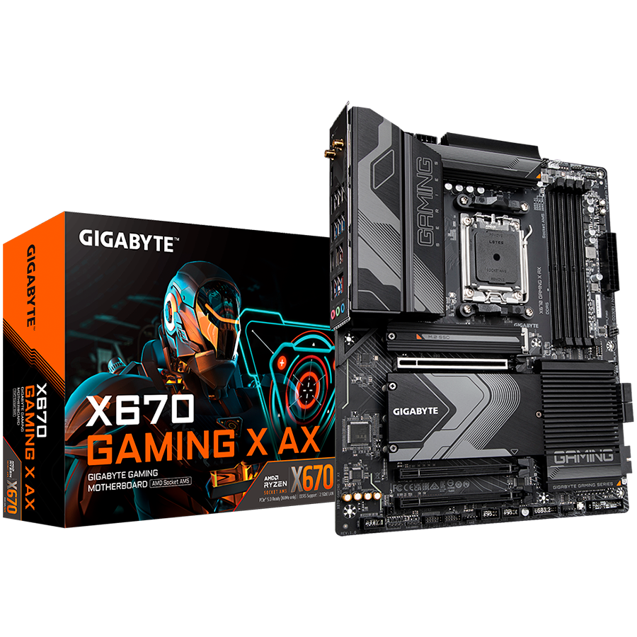 GIGABYTE Mainboard Desktop X670 GAMING X AX (AM5, 4xDDR5 128GB, 1xPCI-E 4.0 x16x16, 1xPCI-E 4.0 x16x4, 1xPCI-E 3.0 x16x2, 4xSATA, 1xM.2 PCIe 5.0, 3xM.2 PCIe 4.0, 2xUSB 3.2 Gen2, 6xUSB Gen1, 4xUSB 2.0, 1xUSB 3.2 Gen2 Type-C, 1xHDMI, WiFi, 2.5GbE, ATX)