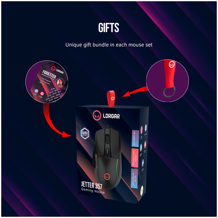 LORGAR gaming mice, Optical Gaming Mouse with 6 programmable buttons, Pixart ATG4090 sensor, DPI can be up to 8000, 30 million times key life, 1.8m PVC USB cable, Matt UV coating and RGB lights with 4 LED flowing mode, size:124.90*71.65*41.36mm, 115g - Slika 7