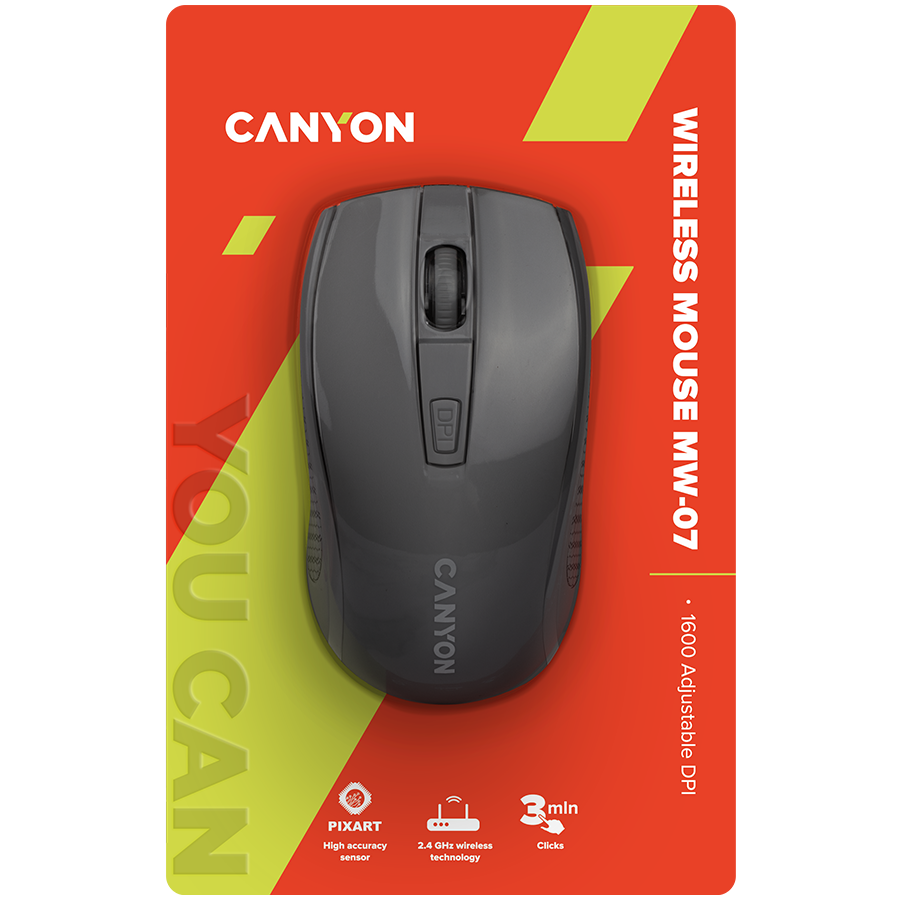 CANYON MW-7, 2.4Ghz wireless mouse, 6 buttons, DPI 800/1200/1600, with 1 AA battery ,size 110*60*37mm,58g,black - Slika 6