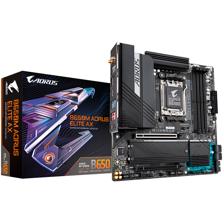 GIGABYTE Mainboard Desktop B650M AORUS ELITE AX (AM5, 4xDDR5 128GB, 1x PCI-E 4.0 x16x16, 2x PCI-E 3.0 x16x1, 4xSATA, 1xM.2 PCIe 5.0, 2xM.2 PCIe 4.0, 2xUSB 3.2 Gen2, 5xUSB 3.2 Gen1, 4xUSB2.0, 1xUSB 3.2 Gen2 Type-C, 1xHDMI, 1xDP, WiFi, 2.5GbE LAN, ATX)