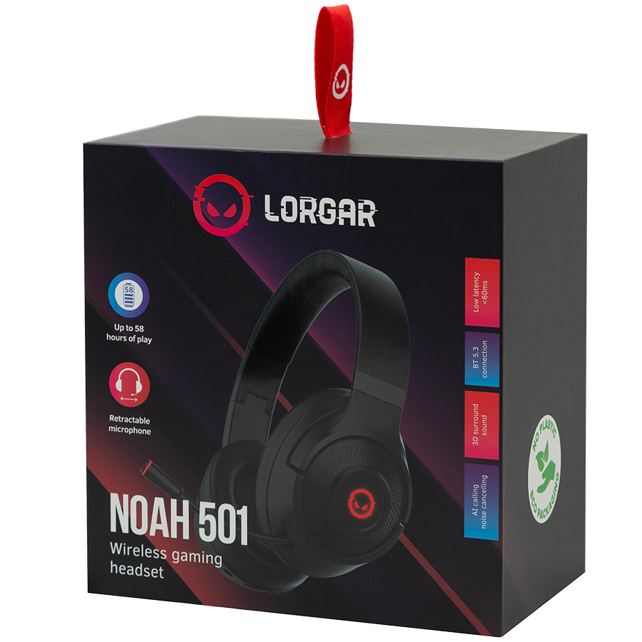 LORGAR Noah 501, gaming bluetooth headset with microphone, BT 5.3 JL7006, battery 1000mAh, type-C charging cable 0.8m, audio cable 1.5m, size:195*185*80mm, 0.28kg. Black - Slika 4