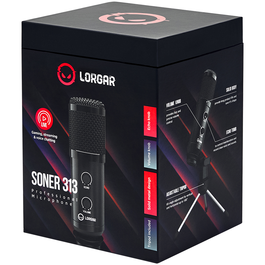 LORGAR Soner 313, Gaming Microphone, USB condenser microphone with Volume Knob & Echo Knob, Frequency Response: 80 Hz—17 kHz, including 1x Microphone, 1 x 2.5M USB Cable, 1 x Tripod Stand, dimensions: Ø47.4*158.2*48.1mm, weight: 243.0g, Black - Slika 8