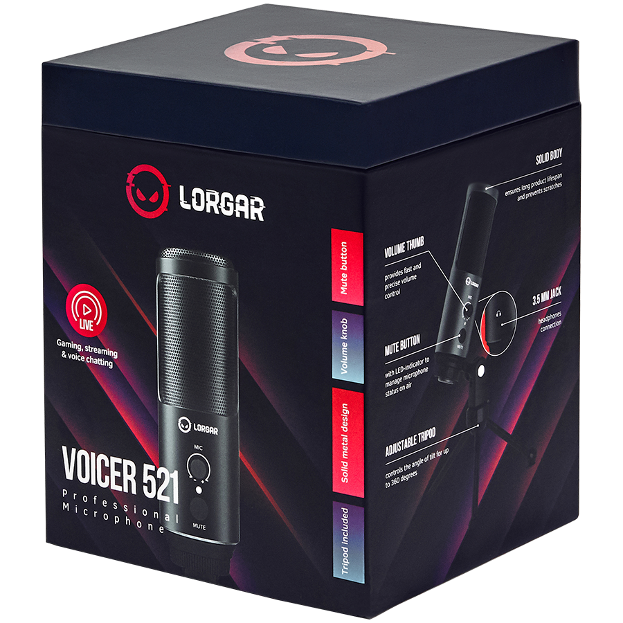 LORGAR Voicer 521, Gaming Microphone, Black, USB condenser mic with Volume Knob, 3.5MM headphonejack, mute button and led indicator, package including 1x F5 Microphone, 1 x 2M type-C USB Cable, 1 xTripod Stand - Slika 5