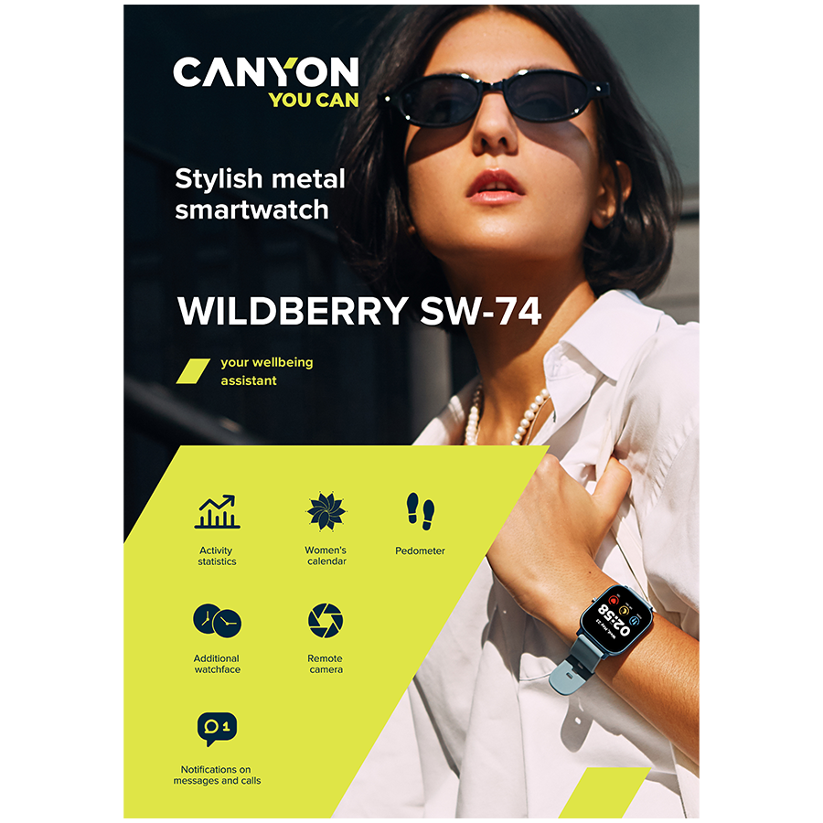 CANYON Wildberry SW-74, Smart watch, 1.3inches TFT full touch screen, Zinic+plastic body, IP67 waterproof, multi-sport mode, compatibility with iOS and android, black body with black silicon belt, Host: 43*37*9mm, Strap: 230x20mm, 45g - Slika 10