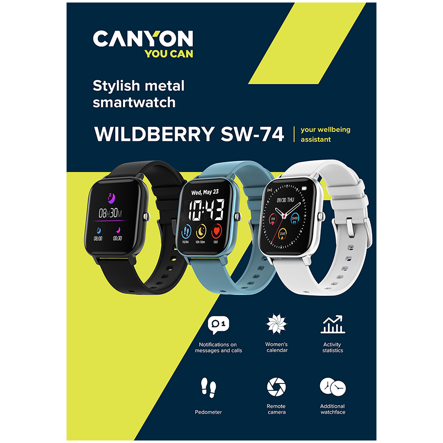 CANYON Wildberry SW-74, Smart watch, 1.3inches TFT full touch screen, Zinic+plastic body, IP67 waterproof, multi-sport mode, compatibility with iOS and android, black body with black silicon belt, Host: 43*37*9mm, Strap: 230x20mm, 45g - Slika 11