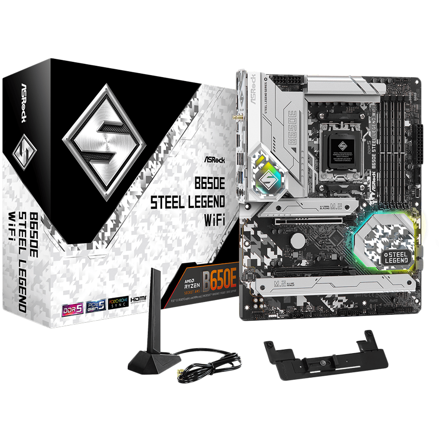 ASROCK MB Desktop B650E Steel Legend, AM5, 4x DDR5, 1x PCIe 5.0 x16, 1x PCIe 3.0 x16, 1x Blazing M.2(PCIe Gen5x4), 2x Hyper M.2(PCIe Gen4x4), 2x SATA3 6.0 Gb/s, 7.1 CH HD Audio, 1x HDMI, 1x DisplayPort, 2.5G LAN, 802.11ax Wi-Fi 6E + Bluetooth