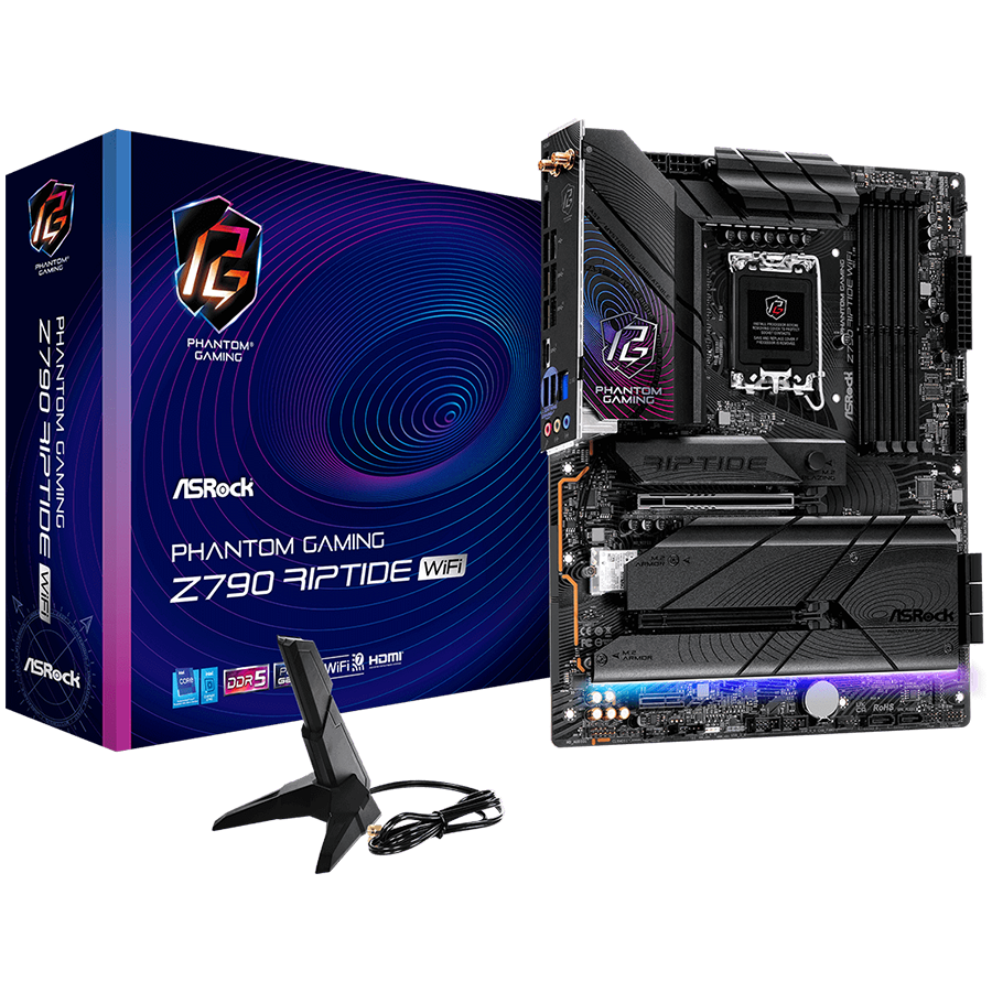ASROCK MB Desktop Z790 Riptide Wi-Fi S1700, 4x DDR5, 1x PCIe 5.0 x16, 1x PCIe 4.0 x16, 1x PCIe 3.0 x1, 1x Blazing M.2, 4x Hyper M.2, 8x SATA3, 2x USB-C, 8x USB 3.2, 6x USB 2.0, 1x RJ-45 2.5GB, 802.11ax Wi-Fi 7 + Bluetooth 5.4, 1x HDMI, 1x DP 1.4, ATX