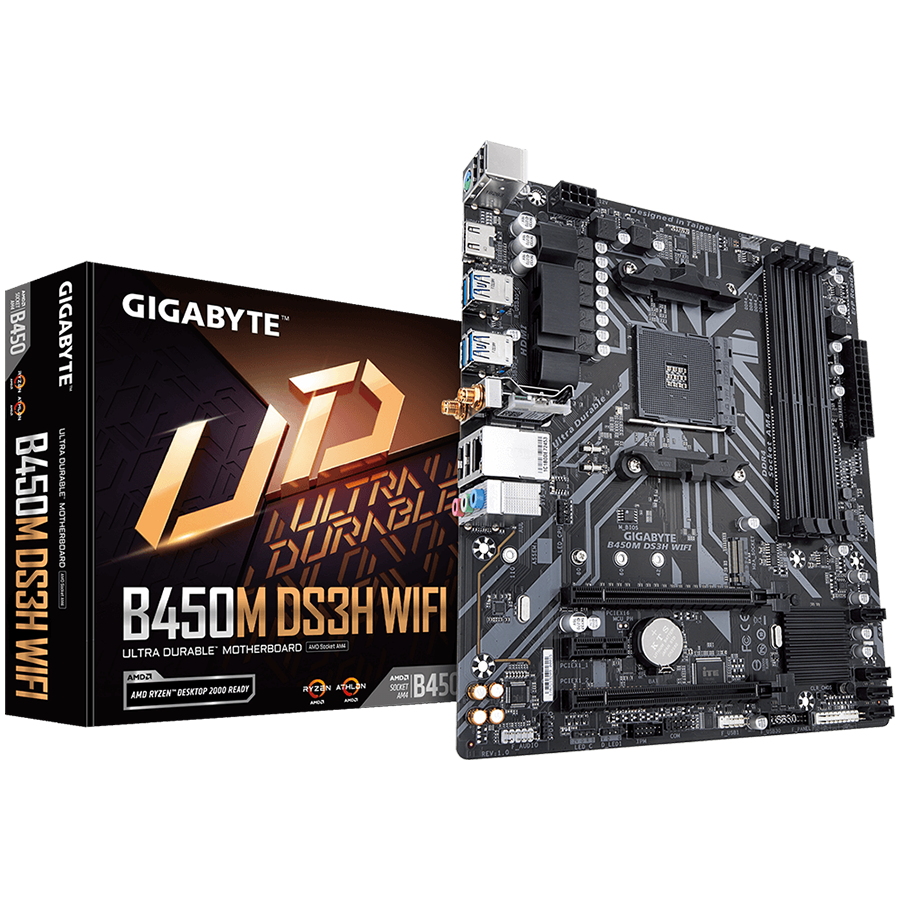 GIGABYTE Mainboard Desktop B450M DS3H WIFI 1.5 (AM4, 4xDDR4, 1xPCIe x16(x16), 1xPCIe x16(x1),1 xPCIe x1, 1xM.2, 4xSATA3, HDMI, Intel WiFi 802.11ac, mATX, retail)