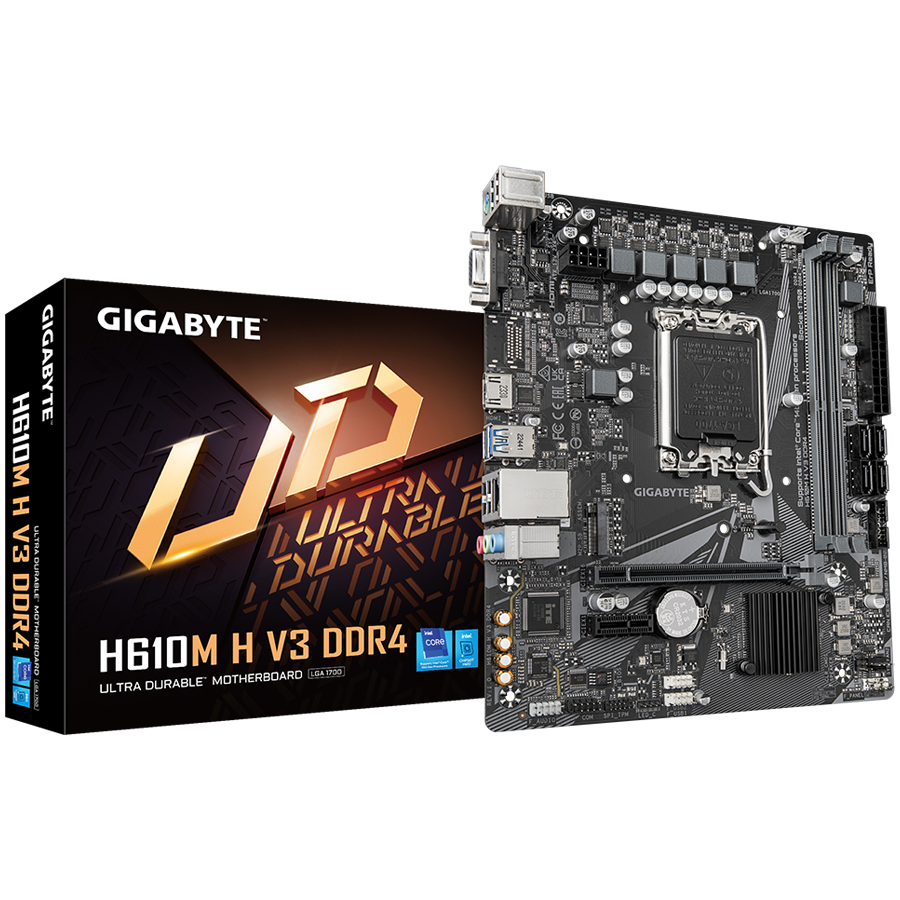 GIGABYTE Mainboard Desktop H610M H V3 DDR4 (LGA1700, 2xDDR4, 1xD-Sub, 1xHDMI, GLAN, 1xPCIe x16 4.0, 1xPCIe x1 3.0,1xM.2, 4xSATA3) mATX