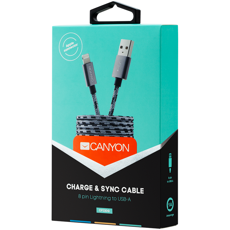 CANYON Lightning USB Cable for Apple, braided, metallic shell, 1M, Dark gray - Slika 3