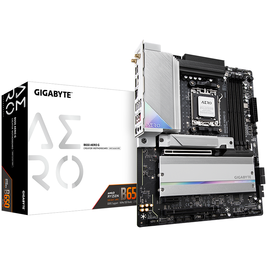 GIGABYTE Mainboard Desktop B650 AERO G (AM5, 4x DDR5 256GB, 1x PCI-E 4.0 x16x16, 1x PCI-E 4.0 x16x4, 1x PCI-E 3.0 x16x1, 1x M.2 PCIe 5.0, 2x M.2 PCIe 4.0, 4x SATA, 1x DP, 1x HDMI, 1x USB Type-C, 7x USB 3.2, 2x USB 2.0, WiFi 6E, 2.5GbE LAN, ATX)