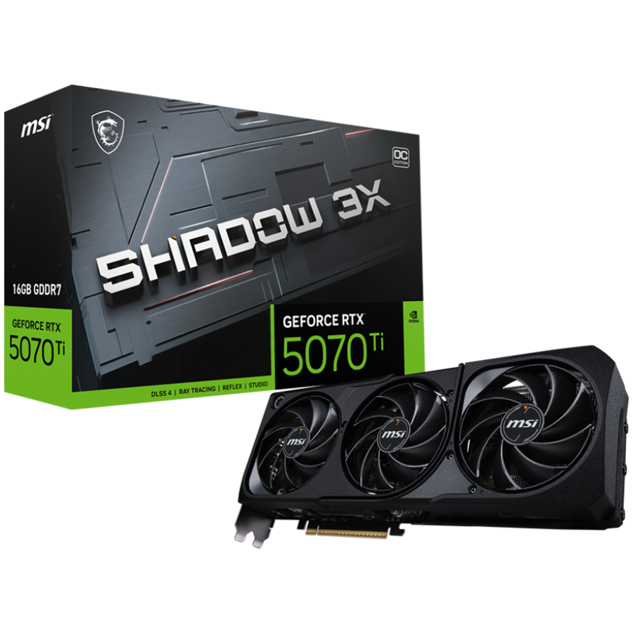 MSI Video Card Nvidia GeForce RTX 5070 TI 16G SHADOW 3X OC (16GB GDDR7/256bit, PCI-E Gen5, 3x DP 2.1, 1x HDMI 2.1, 1x 16-pin Power Connector, Retail)