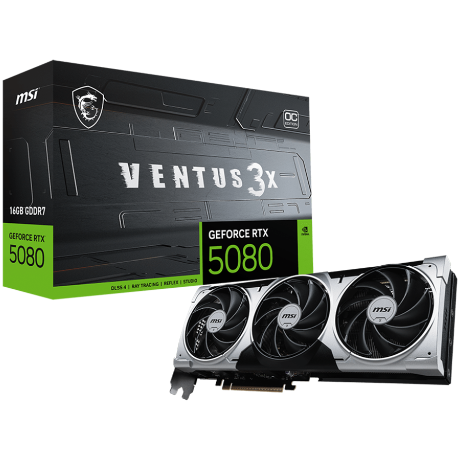 MSI Video Card Nvidia RTX 5080 16G VENTUS 3X OC PLUS (16GB GDDR7/256bit, PCI-E Gen5, 3x DP 2.1, 1x HDMI 2.1, 1x 16-pin Power Connector, 850W recommended PSU, Retail)