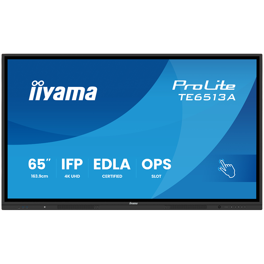 IIYAMA LFD Interactive TE6513A-B1AG Thin bezel 4K 450 cd/m PureTouch-IR 40, 10pt writing 200Hz Scan rate iiWare 21E (Android 14 OS) Google EDLA, iiControl (DMS), WhiteBoard, web browser
