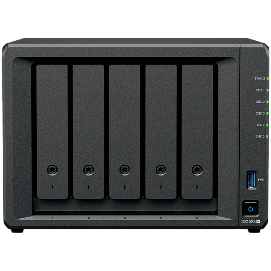 Synology DiskStation DS1525+ Tower, 5-Bays 3.5'' SATA HDD/SSD, 2 x M.2 2280 NVMe SSD slot, CPU AMD Ryzen V1500B 4-core 2.2 GHz, 8 GB DDR4 ECC SODIMM, 2x RJ-45 2.5 GbE LAN Port; 2x USB 3.2; 1 xUSB Type-C expansion port; 2.67 kg; 3yr warranty
