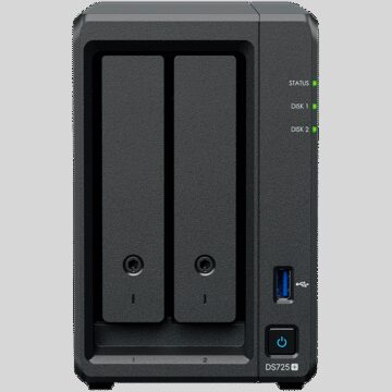 Synology DS725+, Tower, 2-Bays 3.5'' SATA HDD/SSD, 2 x M.2 2280 NVMe SSD, CPU AMD Ryzen R1600 dual-core (4-thread), max. boost up to 3.1 GHz, 4 GB DDR4 ECC SODIMM, 1 x 2.5 GbE, 1 x 1GbE, 1 x USB 3.2, 1 x eSATA USB-C, 1.51 kg, 3y