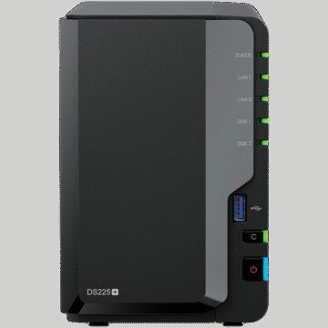 Synology DS225+, Tower, 2-bays 3.5'' SATA HDD/SSD, CPU Inte Celeron J4125 4-core (4-thread) 2.0 GHz, burst up to 2.7 GHz, 2 GB DDR4 non-ECC (expandable up to 6 GB), 1xRJ-45 1GbE LAN, 1xRJ-45 2.5 GbE LAN, 2xUSB 3.2 Gen 1, 1.3 kg, 3yr warranty