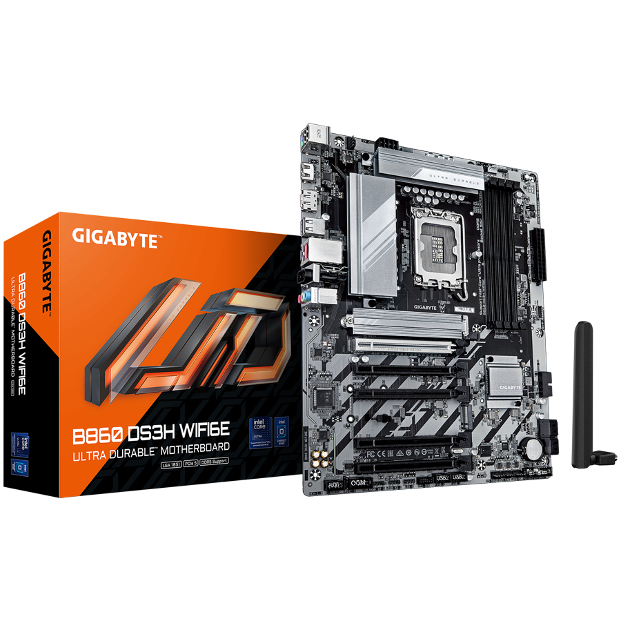GIGABYTE Mainboard Desktop B860 DS3H WIFI6E (LGA1851, Ultra CPU, 4xDDR5, 1xHDMI, 1xDP, 2.5GLAN, WiFi 6E, BT5.3, 1xPCIe x16 5.0, 4xPCIe x16 slots, supporting PCIe 4.0 x1, 2xM.2, 4xSATA3) ATX