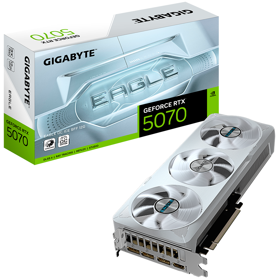 GIGABYTE Video Card NVIDIA GeForce RTX 5070 EAGLE OC ICE SFF 12G (12GB GDDR7/192bit, PCI-E 5.0, Recommended PSU 750W, 16Pin Power connector, 3x DP, 1x HDMI)