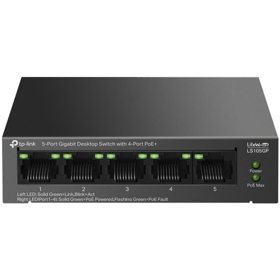 TP-Link LS105GP 5-Port Gigabit Desktop Switch with 4-Port PoE+, 4x Gigabit PoE+ Ports, 1x Gigabit Non-PoE Port, 802.3af/at, 65 W PoE Power, Desktop Steel Case, Extend Mode for 250m PoE Transmitting, PoE Auto Recovery, Plug and Play