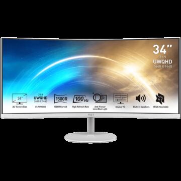 MSI PRO MP341CQW, VA, Curved 34", 3440 x 1440 (UWQHD), 100Hz, 4ms (GTG Min.) / 1ms MPRT, FreeSync, 21:9, Anti-glare, 2x HDMI, 1x DP, 2x 2W Speakers, VESA