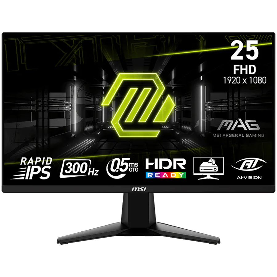 MSI MAG 255XF, 24.5", Rapid IPS, 1920x1080 (FullHD), 300Hz, 300 Nits, 0.5ms, AMD FreeSync Premium, HDR Ready, 2x HDMI 2.0b, 1x DP 1.4a, 1x Headphone-out, Tilt, VESA