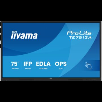 Iiyama Prolite TE7513A-B2AG 75''UHD VA 3840x2160 400cd 1200:1 8ms Android 1, 8/128GB, 40-Points, VGA, HDMI 2x HDMI-out 2x USB-C, Audio mini-jack and Optical Out (S/PDIF), USB Touch Interface,  Landscape mode, Media Play USB Ports, AntiGlare Glass,LAN