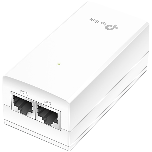 Omada 24V Passive PoE Injector Adapter PORT: 1× Gigabit PoE Port, 1× Gigabit Non-PoE Port SPEC: Data and Power Carried over The Same Cable, 24V Power Input, 12 W PoE Power, Plastic Case