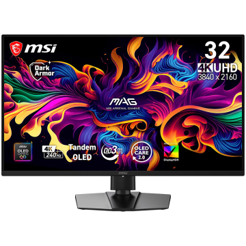 MSI MAG 321UP QD-OLED X24, 31.5", 3840x2160 (UHD), 16:9, 300nits, 240Hz, 0.03ms, NVIDIA G-SYNC, AMD FreeSync Premium Pro, 1x DP 1.4a, 2x HDMI 2.1, 1x USB 2.0 Type-C (DP alt.) w/ 15W PD, VESA